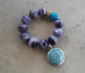 Faceted Purple Amethyst Stretch Bracelet with Turquoise Tibetan Mandala Inlay Pendant