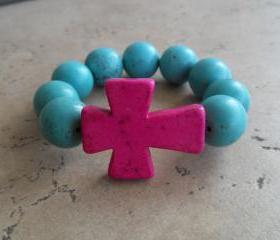Turquoise Stretch Bracelet with Pink Cross