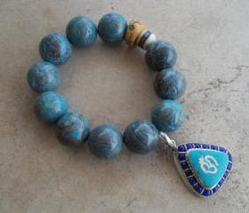 Natural Blue Sky Jasper Stretch Bracelet with Om Triangular Pendant with Turquoise and Lapis Inlays 
