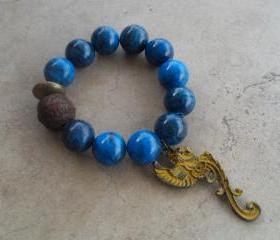 Beautiful Blue Jade Stretch Bracelet with Yellow Winged Gargoyle Charm