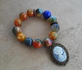 Orange and Green Faceted Fire Agate Stretch Bracelet with Beautiful Blue Cameo 